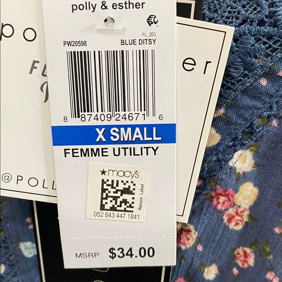 Polly & Esther Navy Floral Lace Trim Blouse. Beautiful and Feminine. XS. NWT - Picture 11 of 11